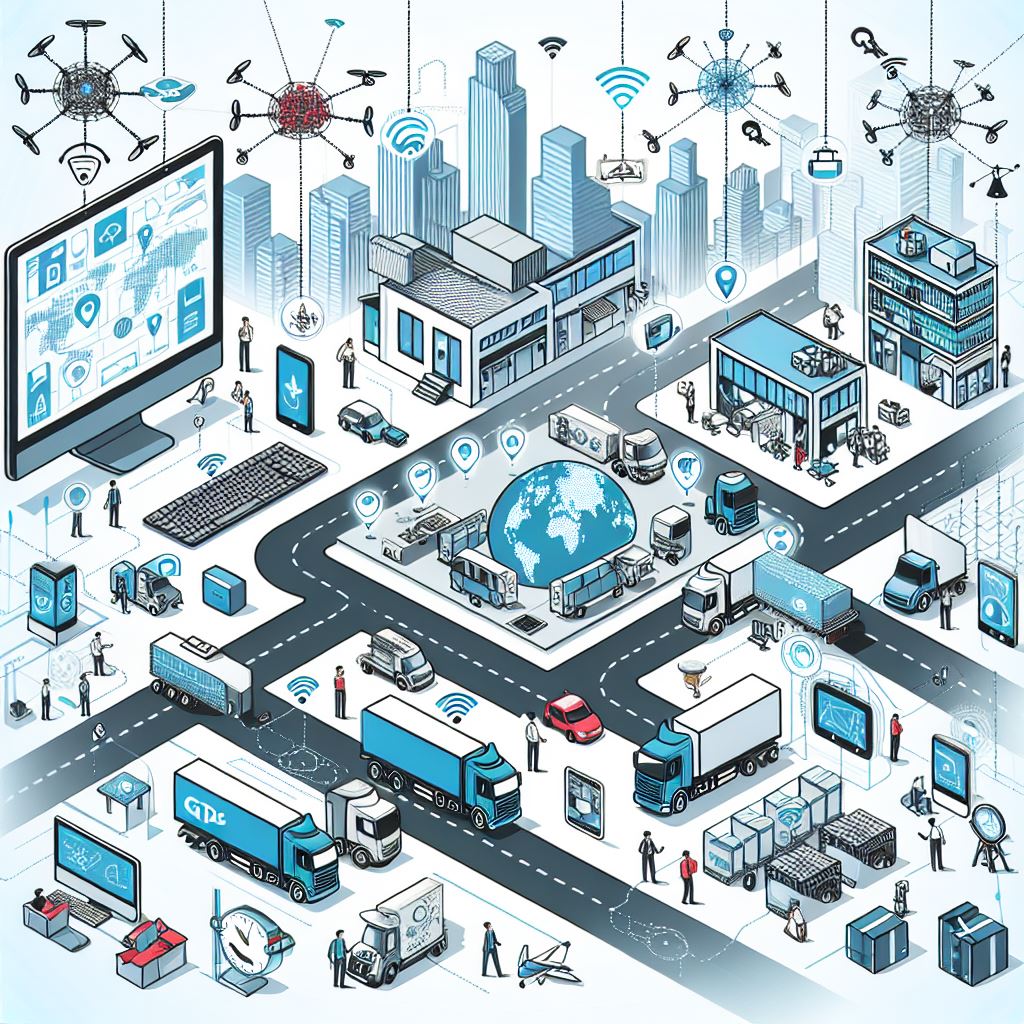 Ilustração da Internet das Coisas (IoT) aplicada a computadores, celulares, GPS, veículos e logística.