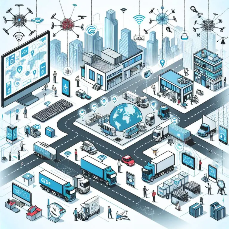 Ilustração da Internet das Coisas (IoT) aplicada a computadores, celulares, GPS, veículos e logística.