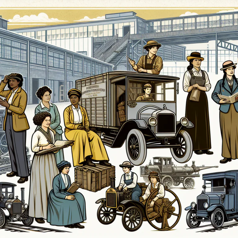Imagem criada por Inteligência Artificial, onde existem veículos antigos de transporte e mulheres com vestidos do início do século XX.